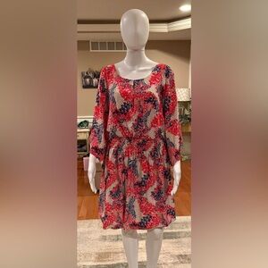 Jessica Simpson Red, Beige and Blue Three Quarter Length Sleeves Dress